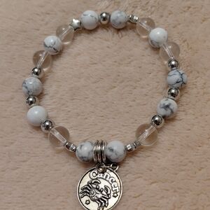 Cancer Zodiac Bracelet With Clear Quartz And Howlite Genuine Crystal Beads 6.5"